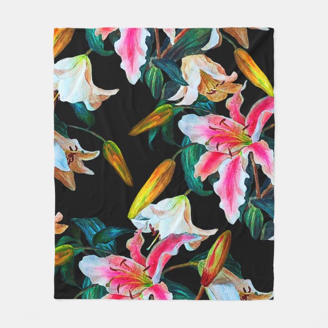 Seamless floral pattern. White and pink lily on a  Fleece Blanket (Front)