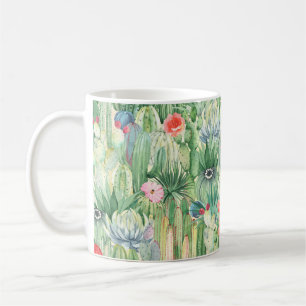 Seamless floral pattern with cacti, succulents and coffee mug