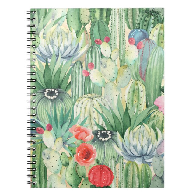 Seamless floral pattern with cacti, succulents and notebook (Front)