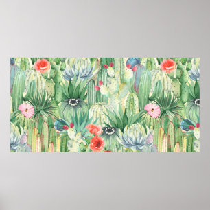 Seamless floral pattern with cacti, succulents and poster