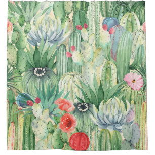 Seamless floral pattern with cacti, succulents and shower curtain