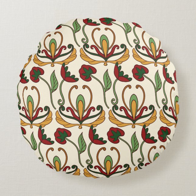 Seamless floral pattern with red and yellow  round cushion (Front)