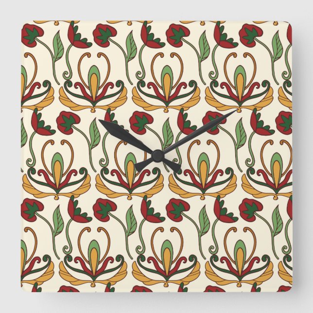 Seamless floral pattern with red and yellow  square wall clock (Front)