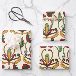 Seamless floral pattern with red and yellow wrapping paper sheet