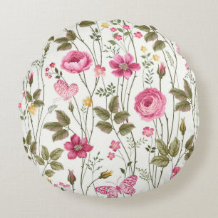 seamless floral pattern with roses and butterfly round cushion