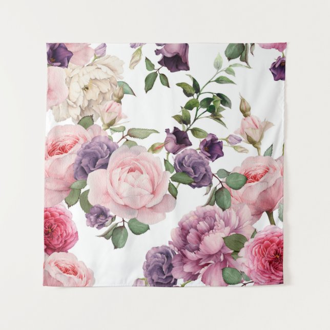 Seamless floral pattern with roses,  watercolor. p tapestry (Front)
