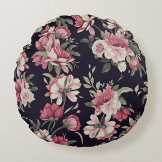 Seamless floral pattern with roses, watercolor. Vi Round Cushion