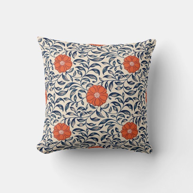 Seamless floral pattern with vibrant orange flower cushion (Front)