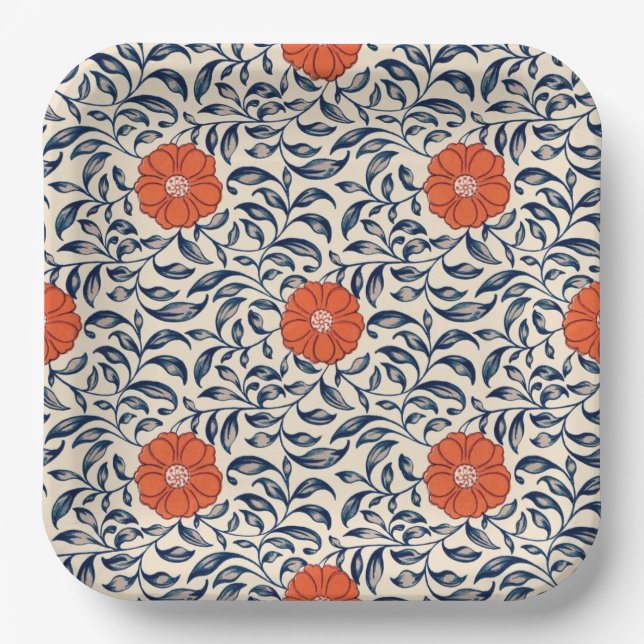 Seamless floral pattern with vibrant orange flower paper plate (Front)