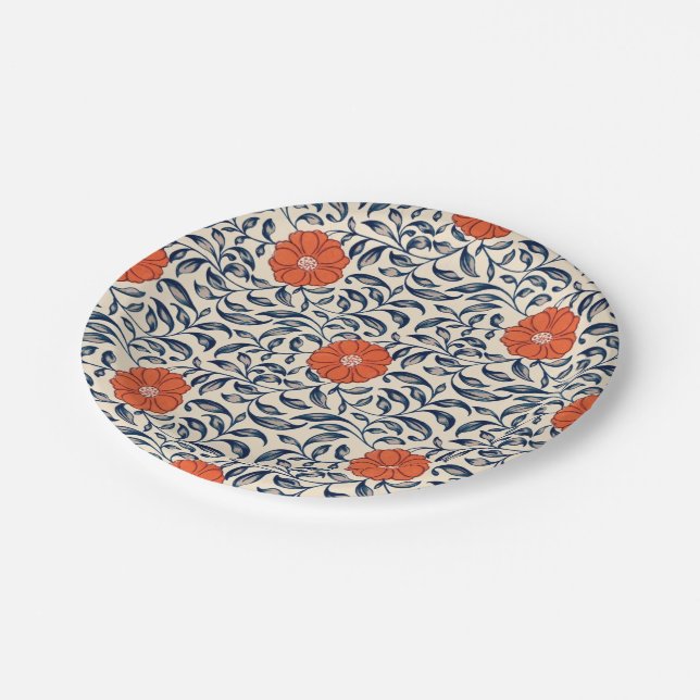 Seamless floral pattern with vibrant orange flower paper plate (Angled)