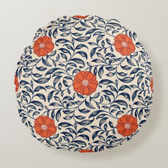 Seamless floral pattern with vibrant orange flower round cushion (Front)