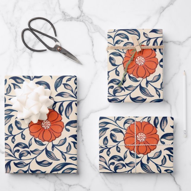 Seamless floral pattern with vibrant orange flower wrapping paper sheet (Front)