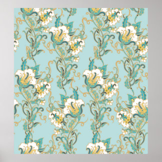 Seamless floral pattern with white cotton flowersl poster