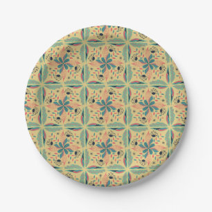Seamless floral pattern with yellow and teal paper plate