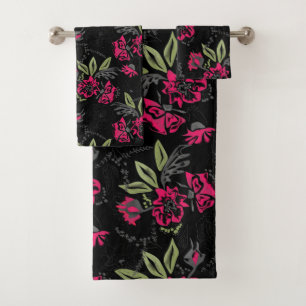 Seamless floral pink flowers green leaves sketched bath towel set