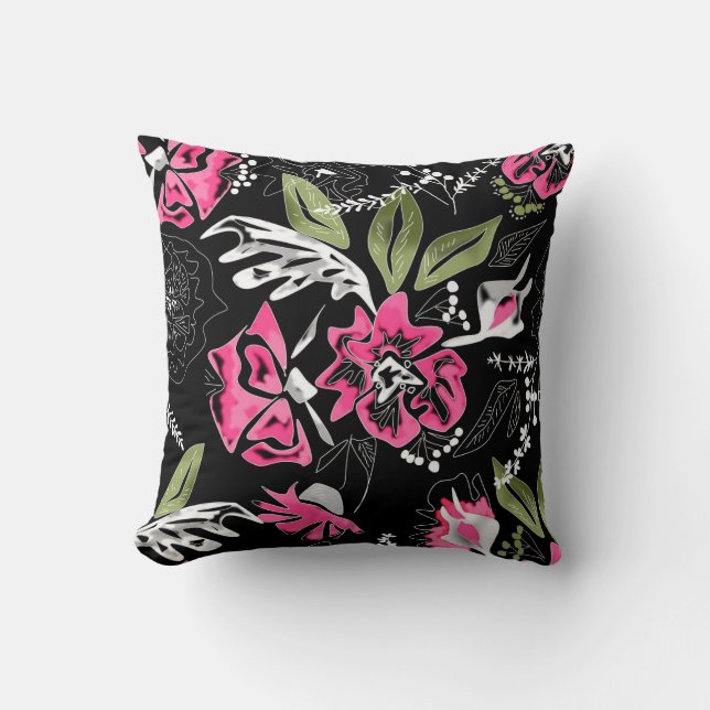 Seamless floral pink flowers green leaves sketched cushion (Front)