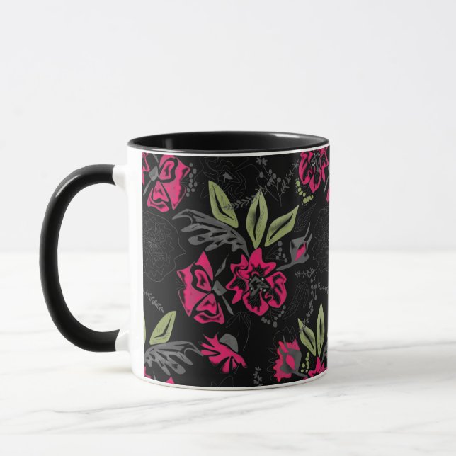Seamless floral pink flowers green leaves sketched mug (Left)