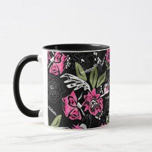 Seamless floral pink flowers green leaves sketched mug