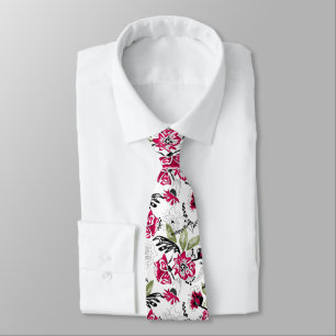 Seamless floral pink flowers green leaves sketched tie