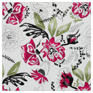 Seamless floral pink flowers leaves watercolor pat fabric