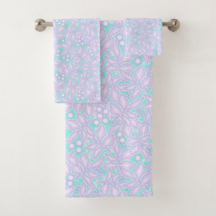 Seamless floral violet flowers lace leaves blue wh bath towel set