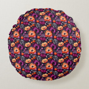 Seamless Floral With Red, Orange, Purple Flowers Round Cushion