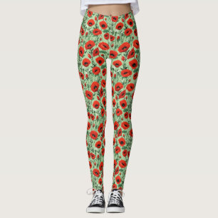 Seamless Floral With Red Poppies and White Daisies Leggings