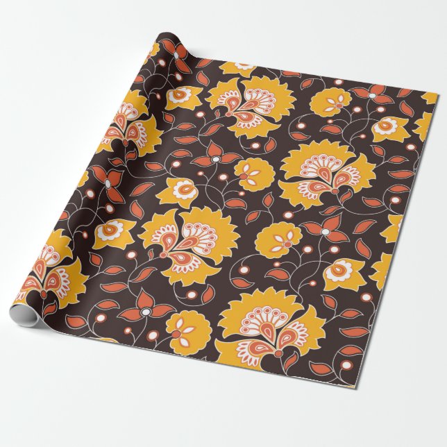 seamless flower coloured indian style pattern on b wrapping paper (Unrolled)