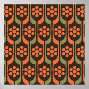 Seamless flower repeat pattern orange gold50s,60s, poster