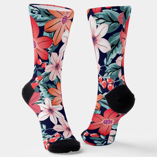 Seamless flowers navy and pink modern girly boho socks (Angled)