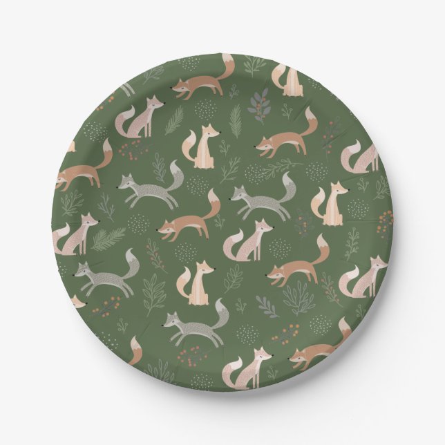 Seamless Fox Winter Branches and Leaves Paper Plate (Front)