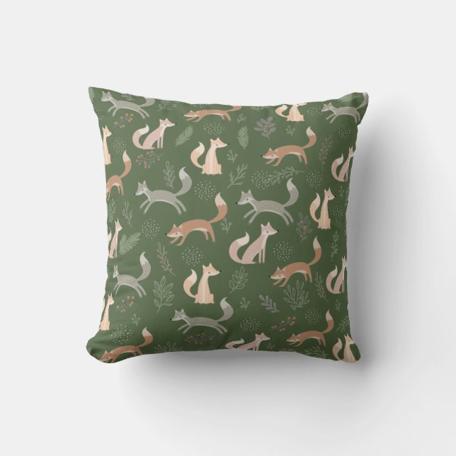 Seamless Fox Winter Branches and Leaves Pattern Cushion (Front)