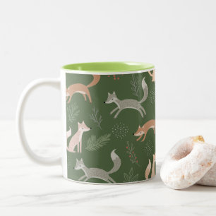 Seamless Fox Winter Branches and Leaves Pattern Two-Tone Coffee Mug