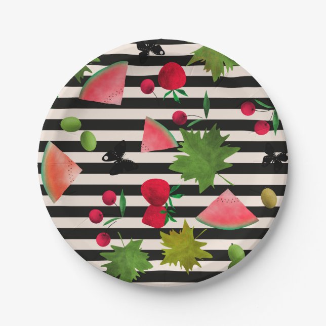 Seamless Fresh Fruits Berries Watercolor Cartoon C Paper Plate (Front)