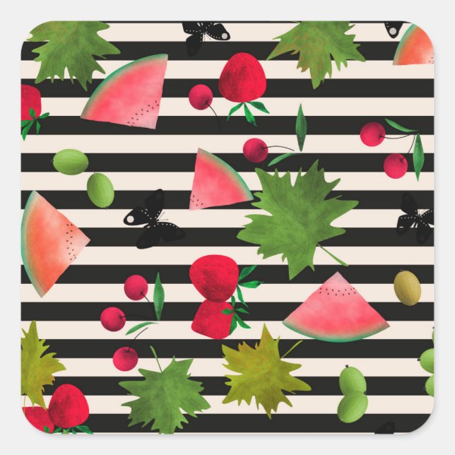 Seamless Fresh Fruits Berries Watercolor Cartoon C Square Sticker (Front)