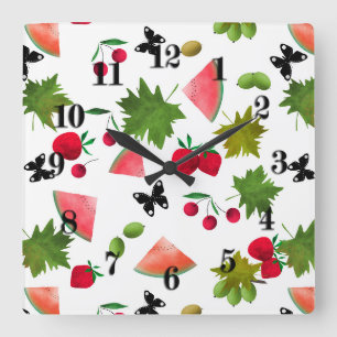Seamless Fresh Fruits Berries Watercolor Cartoon C Square Wall Clock