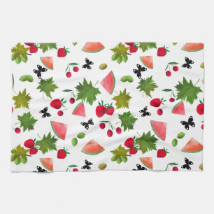 Seamless Fresh Fruits Berries Watercolor Cartoon C Tea Towel