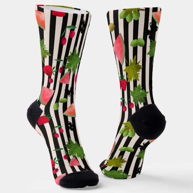 Seamless Fresh Fruits Berries Watercolor Cartoon  Socks (Angled)