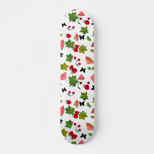 Seamless Fresh Fruits Berries Watercolor  Skateboard (Front)