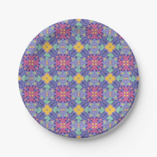 Seamless geometric pattern featuring vibrant pink paper plate (Front)
