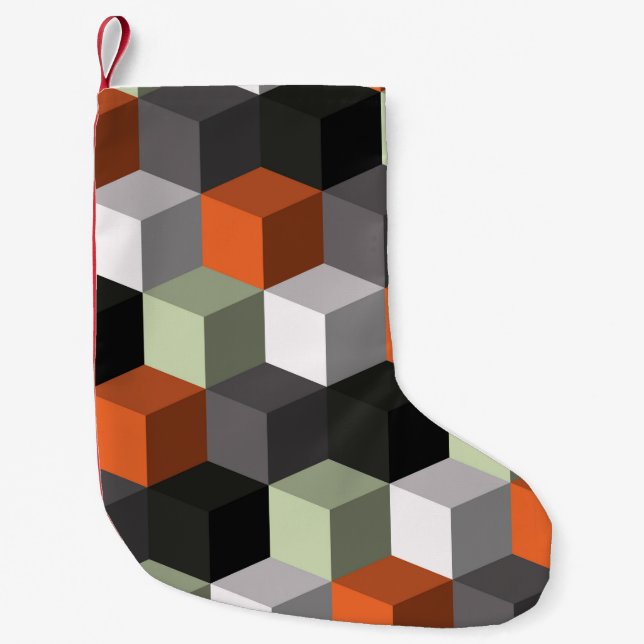 Seamless geometric pattern with cubes and volume small christmas stocking (Front)