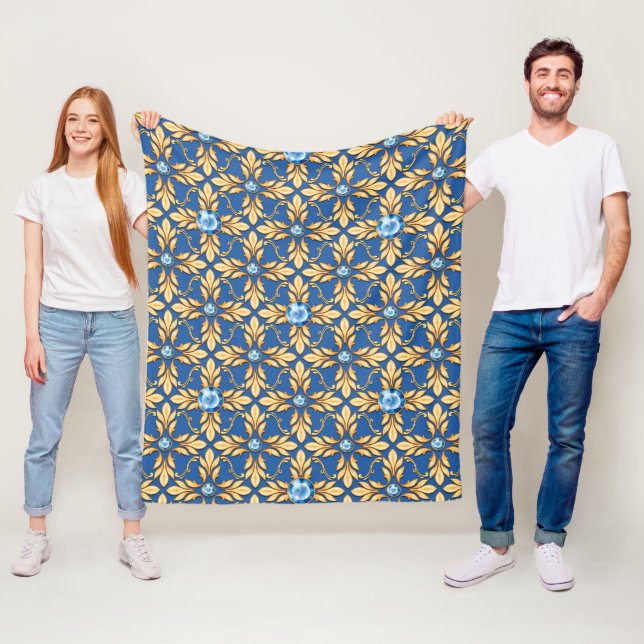 Seamless golden pattern with blue gems 1 fleece blanket (In Situ)