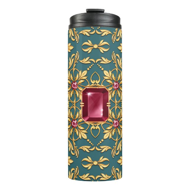Seamless golden pattern with ruby thermal tumbler (Front)