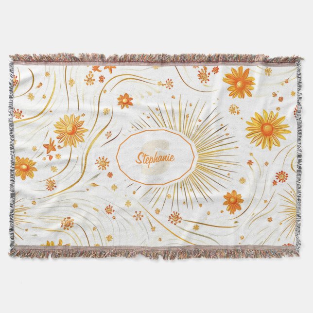 Seamless Golden Sun & Rays - with Abstract Star Throw Blanket (Front)