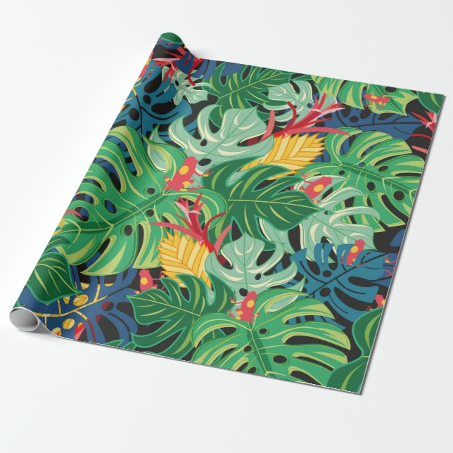 Seamless graphic pattern with leaves monstera and  wrapping paper (Unrolled)