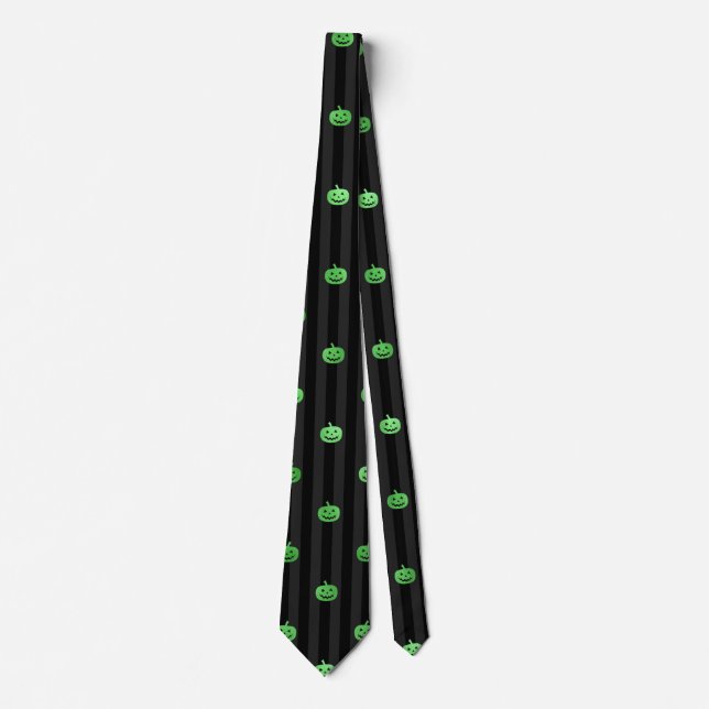 Seamless Green Foil Pumpkins & Stripes Halloween Tie (Front)