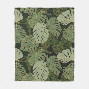 Seamless green khaki and gold monstera pattern fleece blanket