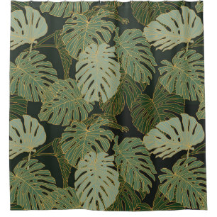Seamless green khaki and gold monstera pattern shower curtain