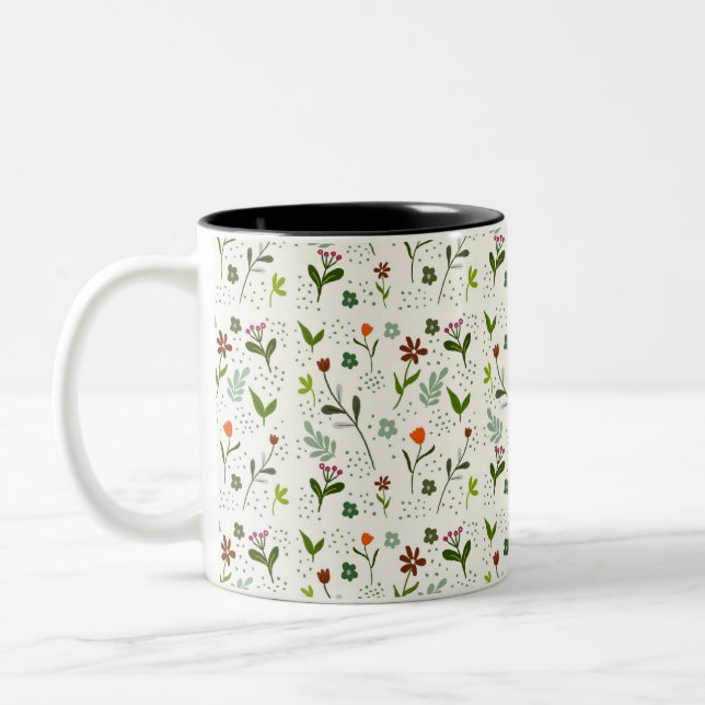 Seamless Green Leaf Pattern – Hand-Drawn Botanical Two-Tone Coffee Mug (Left)