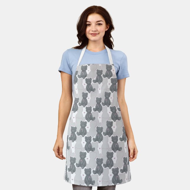 Seamless grey teddy bear, pink heart, silhouette apron (Worn)